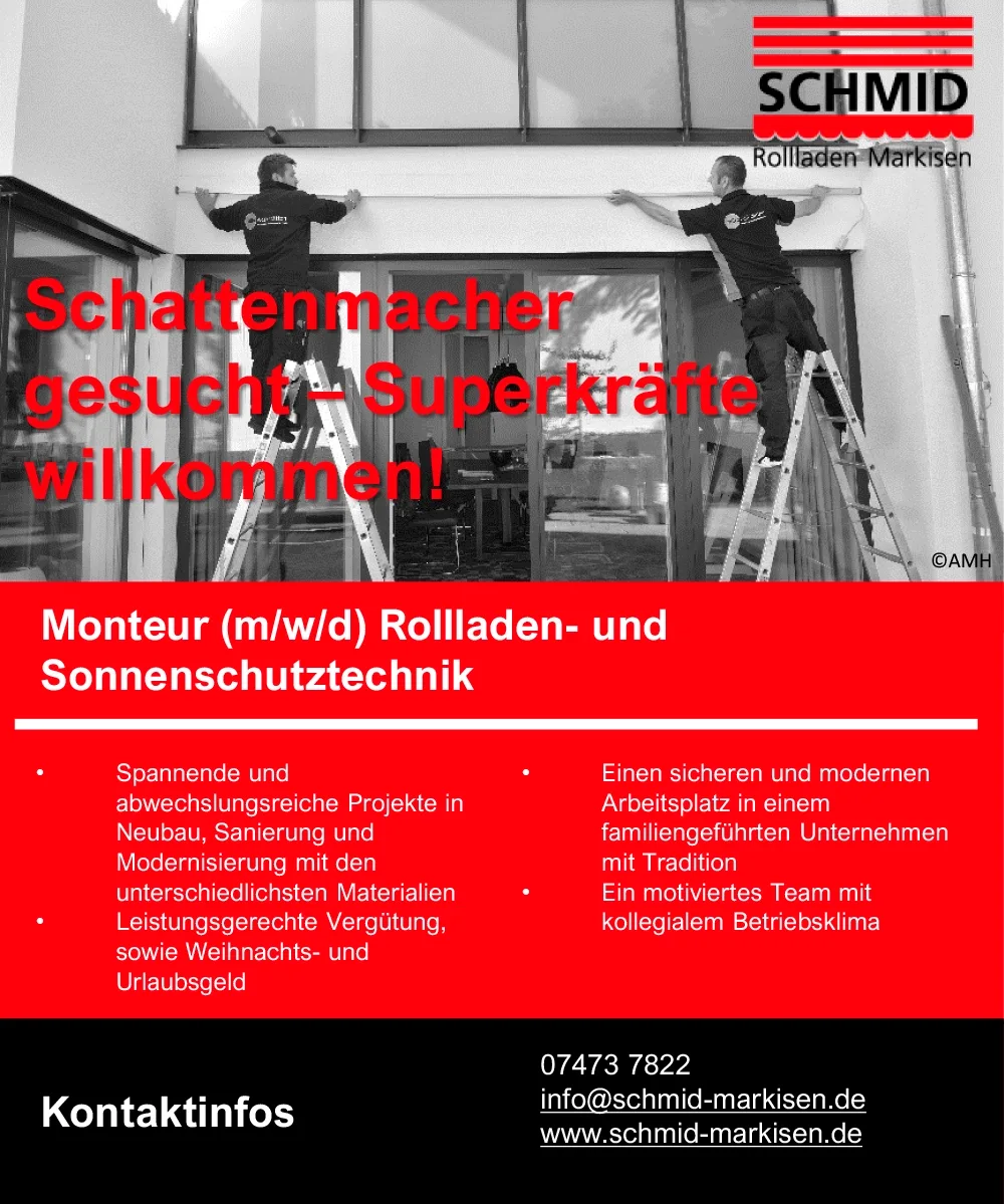 Stellenanzeige für Monteur (m/w/d) für Rollladen- und Sonnenschutztechnik bei Schmid Markisen.